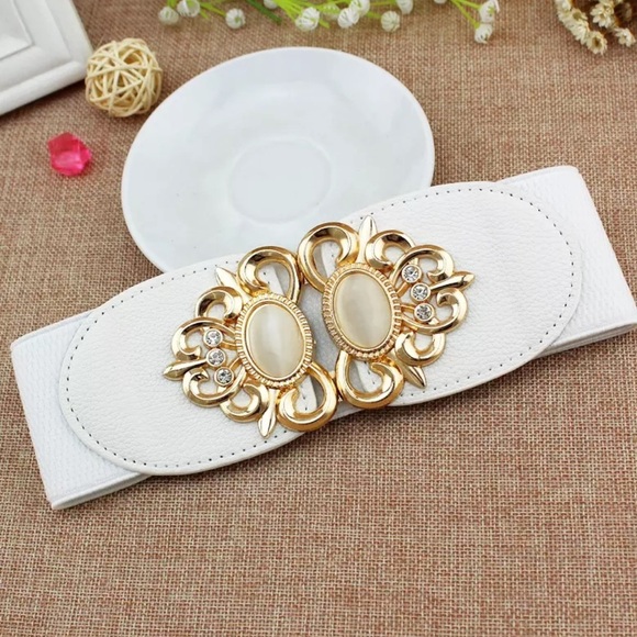 Elastic Leather Gemstone Wide Fashion Belt - Picture 1 of 9